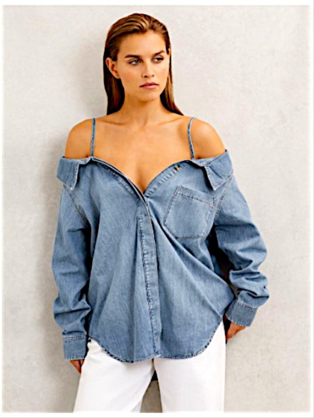 Good American 🆕️Indigo Blue Off-Shoulder Denim Shirt